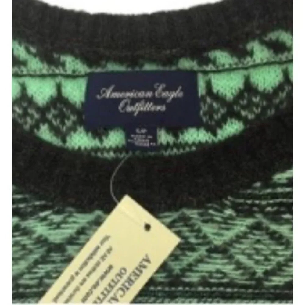 Vintage NWT American Eagle Outfitters Fair Isle Crew Neck Mint Green & Gray Cozy - Picture 6 of 7